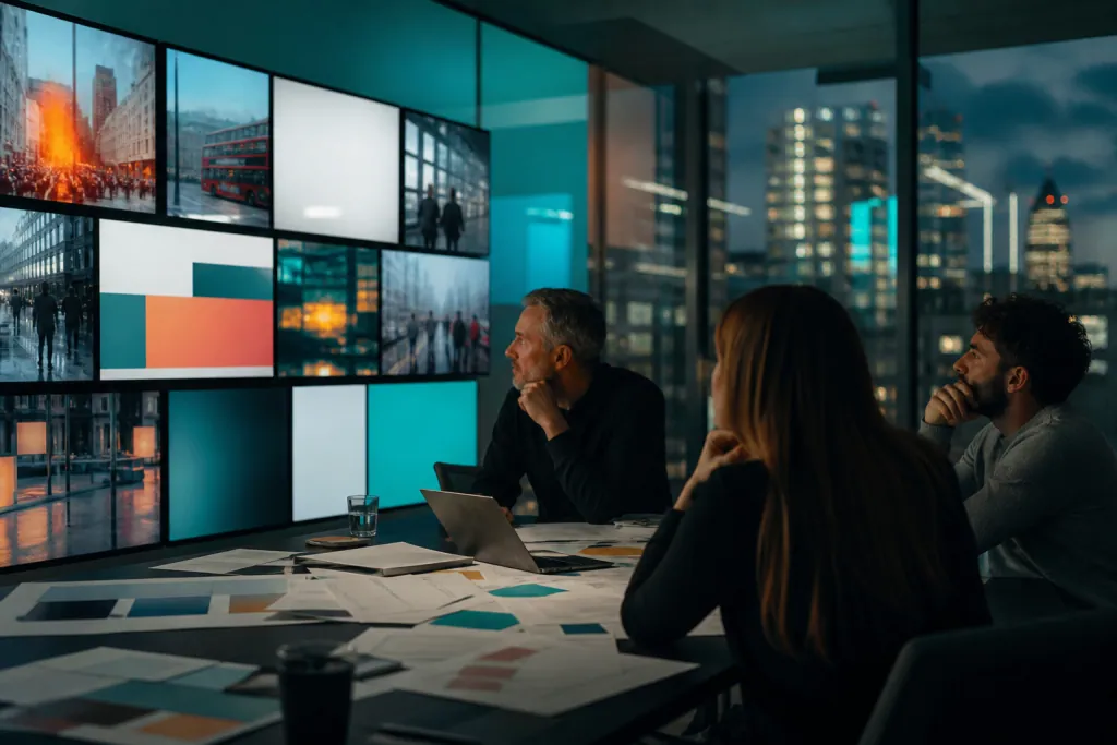 A London media planning room with digital screens and a conference table at dusk