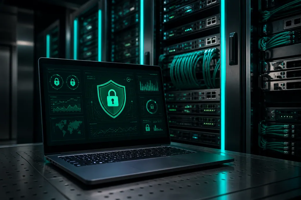 A laptop in a teal-lit server room showing an abstract website security dashboard