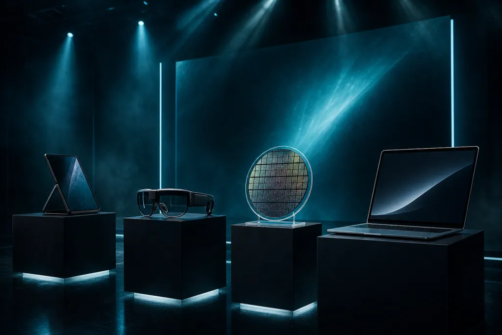 Unbranded gadgets on a teal-lit product launch stage, suggesting major 2025 and 2026 technology releases
