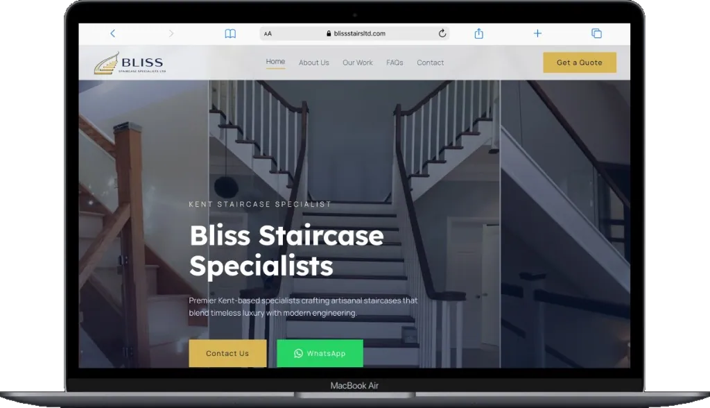 Bliss Staircase Specialists homepage on a MacBook