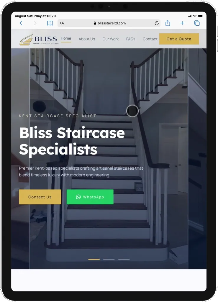 Bliss Staircase Specialists homepage on a tablet
