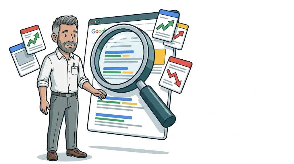 Illustration of a digital marketer presenting a search results screen with a magnifying glass and ranking trend cards, representing analysis of Google’s August 2026 core update