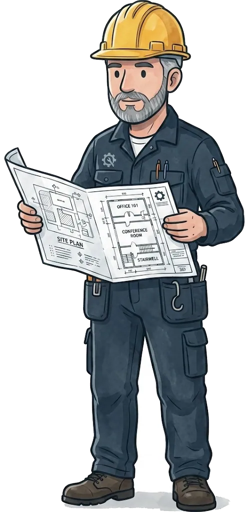 Illustration of a garden room builder in a hard hat holding a site plan