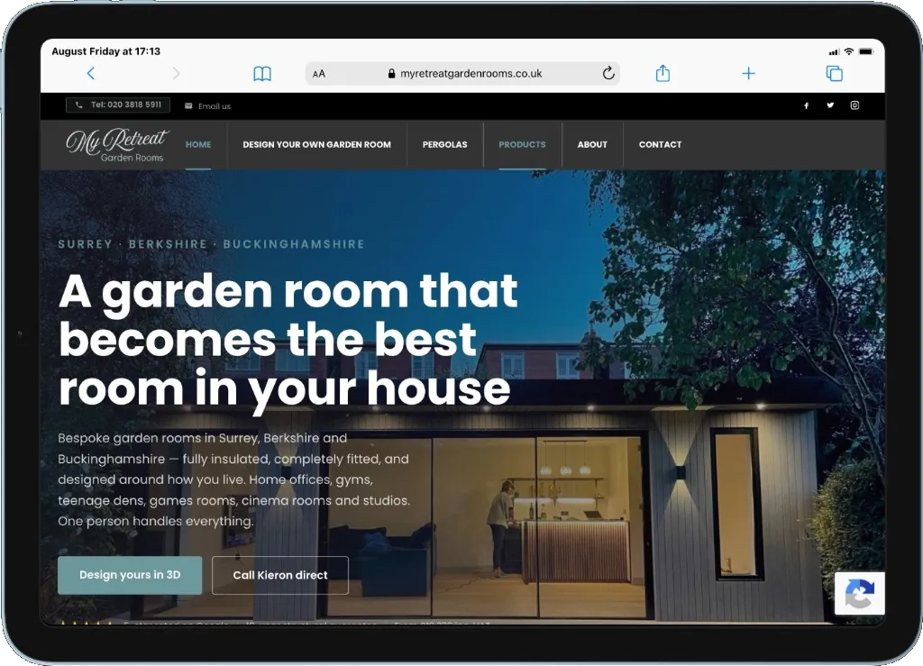 My Retreat Garden Rooms homepage on a tablet