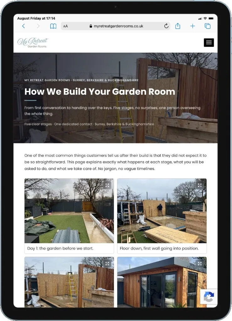 My Retreat Garden Rooms how we build process page on a tablet