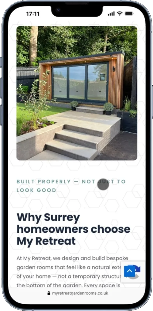 My Retreat Garden Rooms Surrey homeowners page on an iPhone