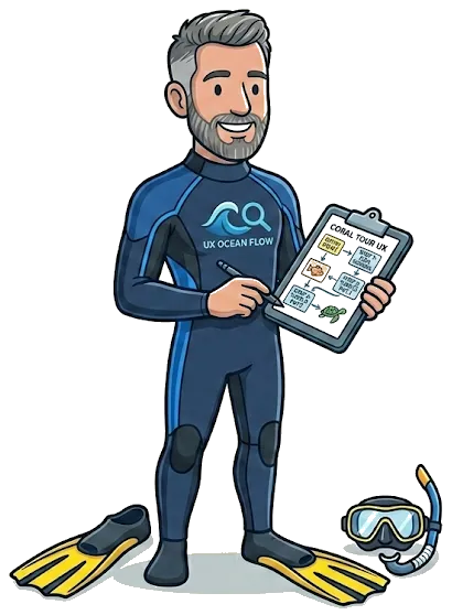 Illustration of a coastal holiday-home host in diving kit with a guest-journey plan