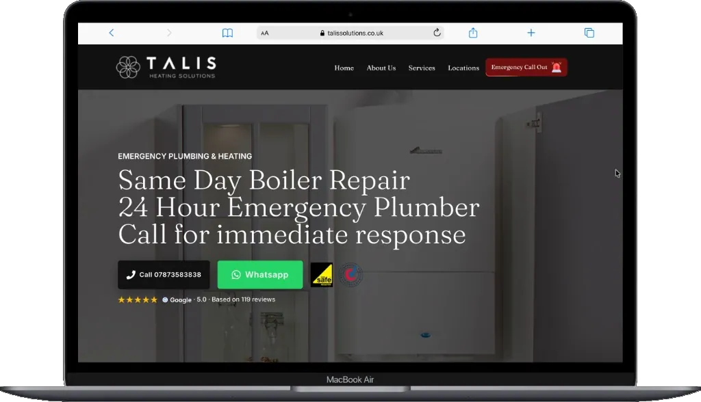 Talis Heating Solutions boiler repair homepage on a laptop