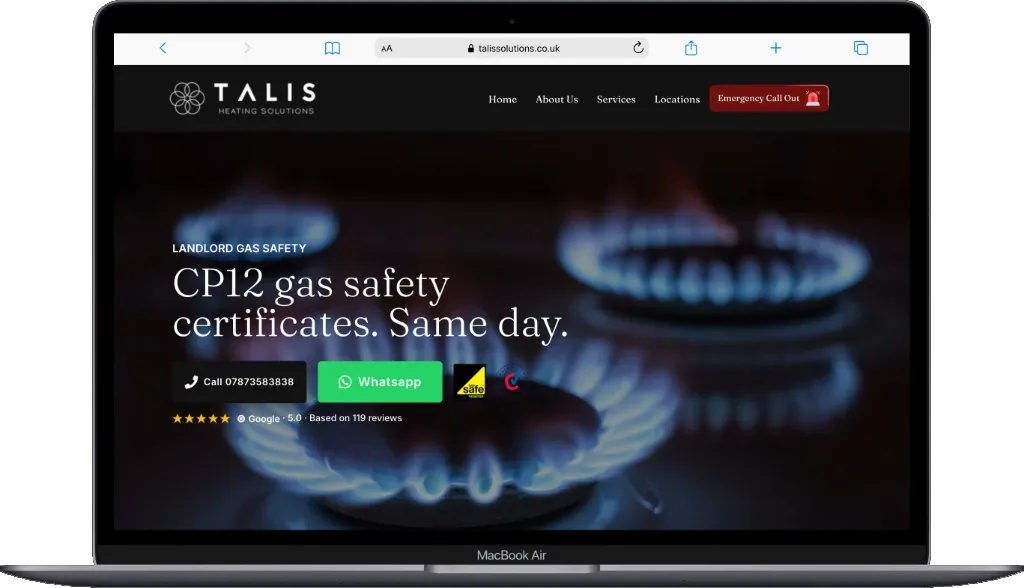 Talis Heating Solutions CP12 gas safety certificates homepage on a laptop
