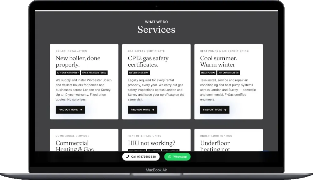 Talis Heating Solutions plumbing and gas services on desktop