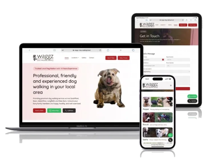 Waggz Dog Walking website on laptop and phone