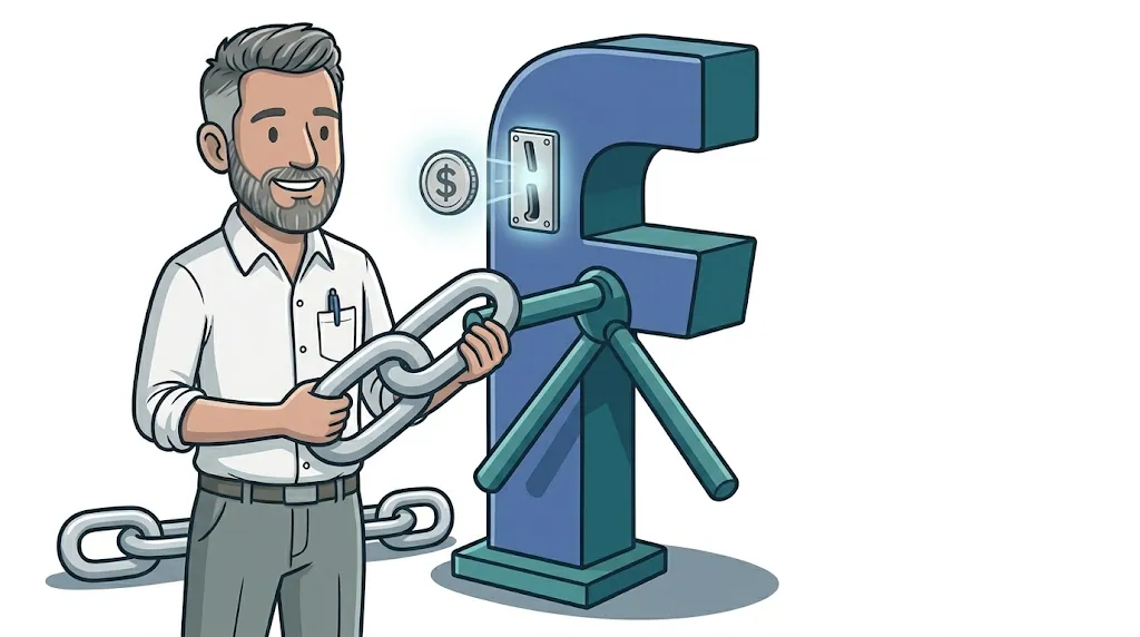 Illustrated Gareth Cross mascot feeding a giant chain link through a coin-slot turnstile shaped like the Facebook logo