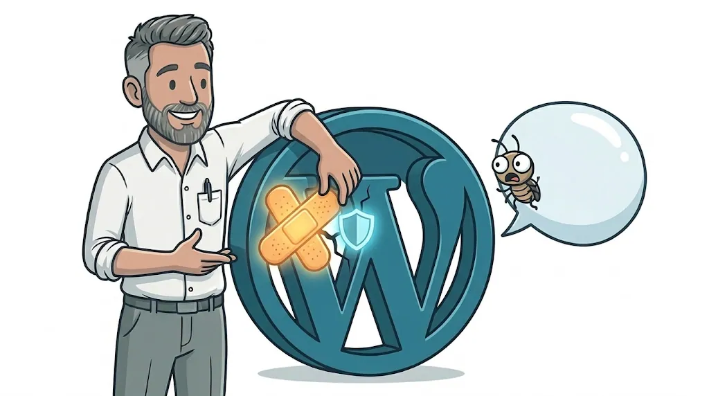 Illustration of a man patching a small crack in a giant WordPress logo while shooing a cartoon bug out of a speech bubble, representing the September 2026 WordPress security update.